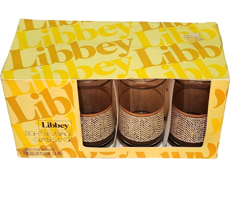 Vintage MCM Set of 8 Libbey Woodhue Tumbler Glasses 12 oz New In Box